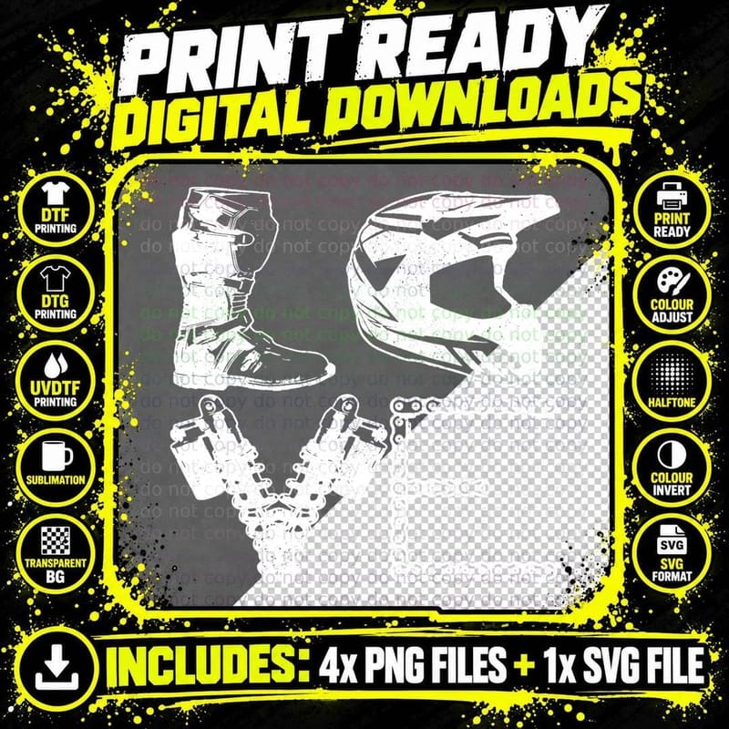 Dirt Bike Love Motocross Gear Collage Helmet Boots Chain Png SVG Digital Bundle