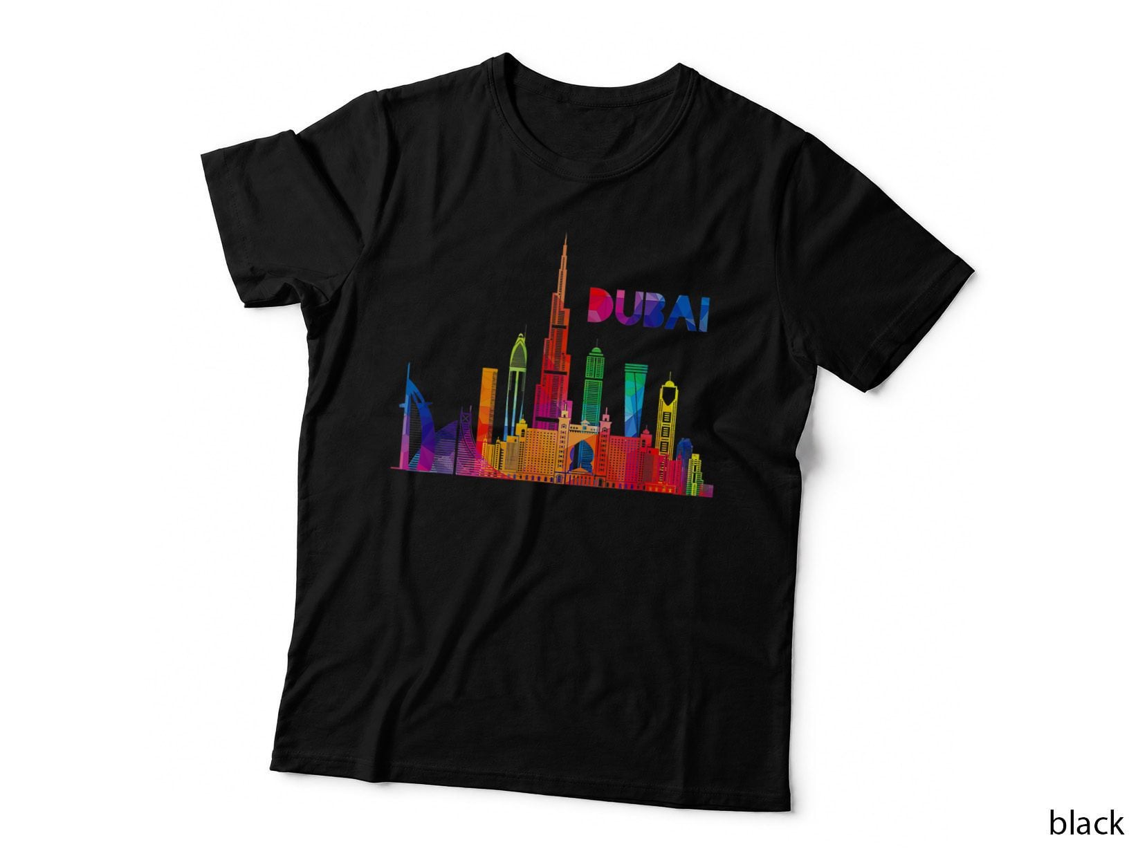 Dubai Skyline Burj Khalifa T-Shirt, Colourful Geometric City Art, Uae