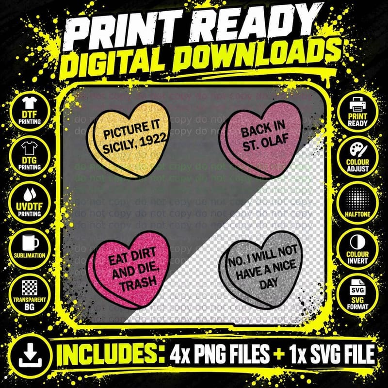 Golden Girls Candy Hearts Quotes, Glitter Novelty Fan Png SVG Digital Bundle
