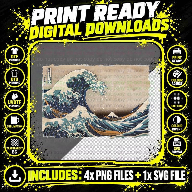 Great Wave off Kanagawa, Hokusai Cresting Waves and Png SVG Digital Bundle
