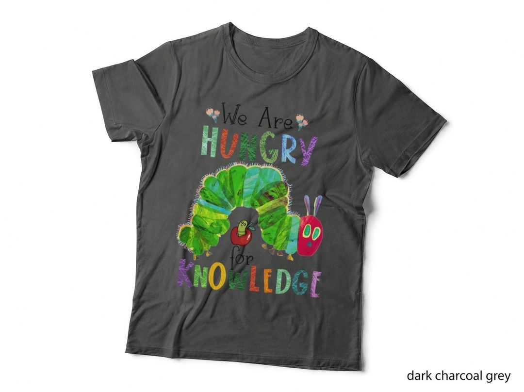Hungry for Knowledge Tee, Colourful Caterpillar Art, Storybook Reader Top