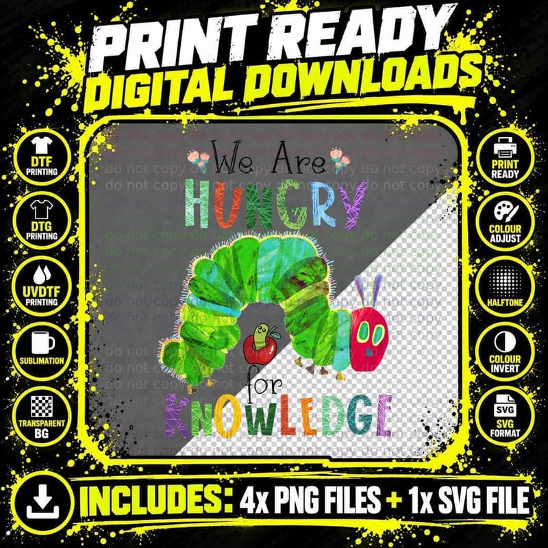 Hungry for Knowledge Tee, Colourful Caterpillar Art Png SVG Digital Bundle