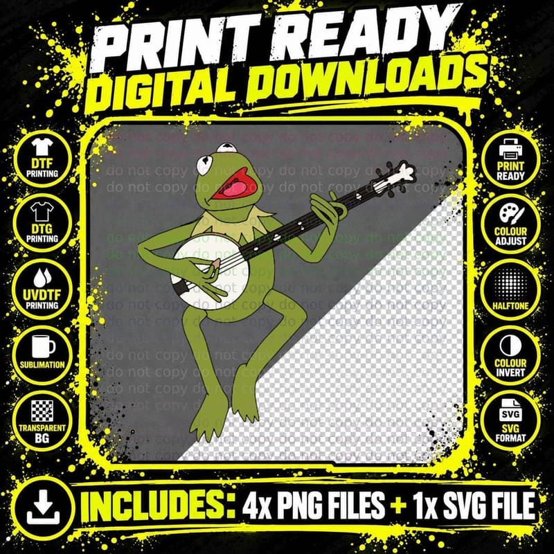 Kermit Frog Playing Banjo Tee, Cartoon Muppet Musician Png SVG Digital Bundle