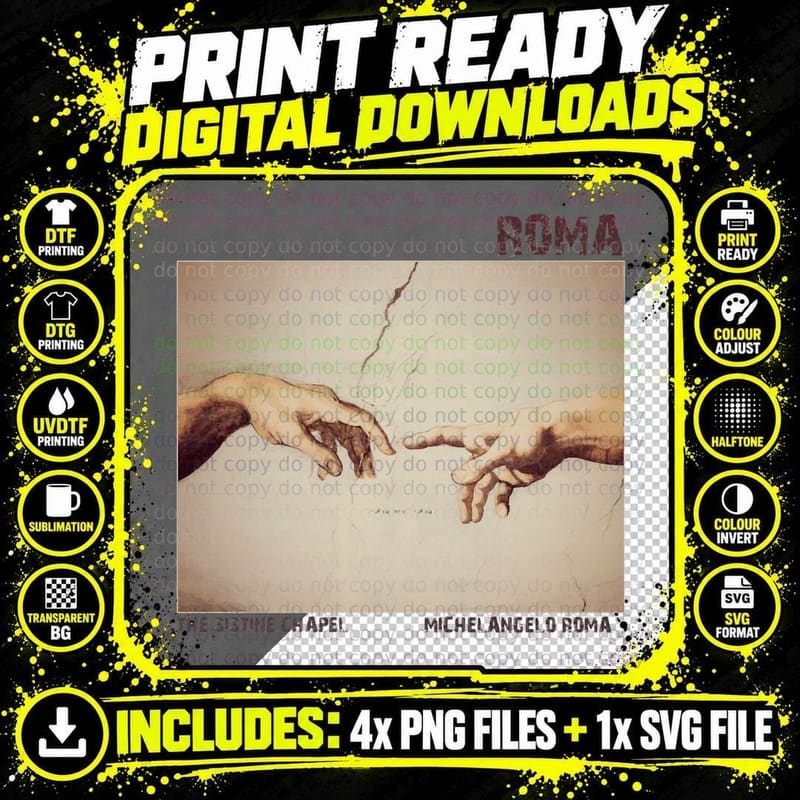 Michelangelo Sistine Chapel Creation of Adam Hands Png SVG Digital Bundle