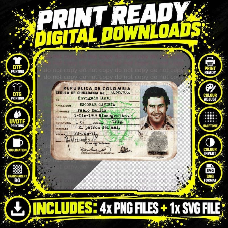 Pablo Escobar Colombian National Id Card Replica T-Shirt Png SVG Digital Bundle