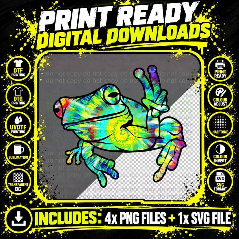 Peace Sign Frog Tie Dye Tee, Psychedelic Rainbow Swirl Png SVG Digital Bundle