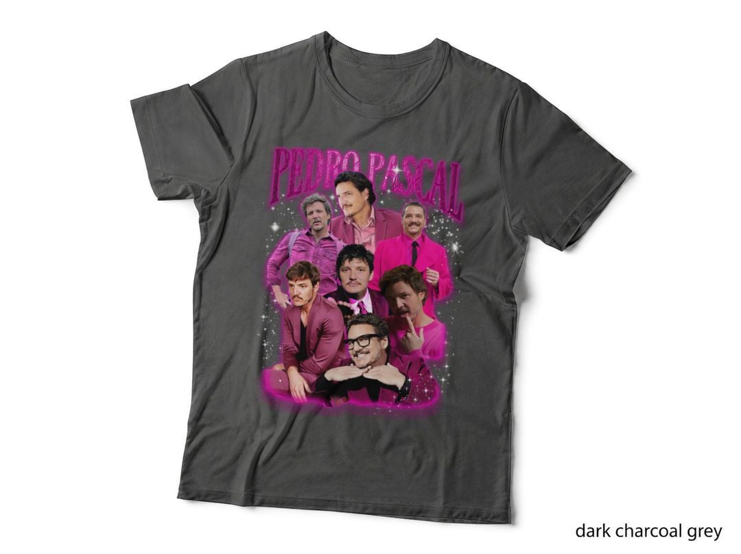 Pedro Pascal in Pink T-Shirt, Glitter Collage Fan Art, Hot-Pink Sparkle
