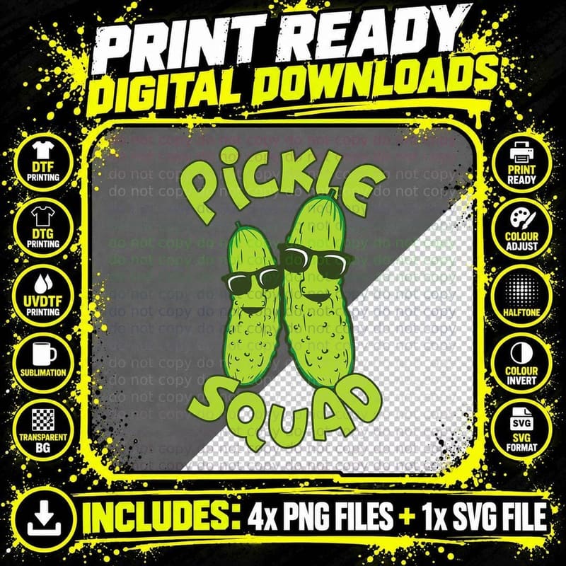 Pickle Squad T-Shirt, Cartoon Dill Pickles in Sunglasses Png SVG Digital Bundle