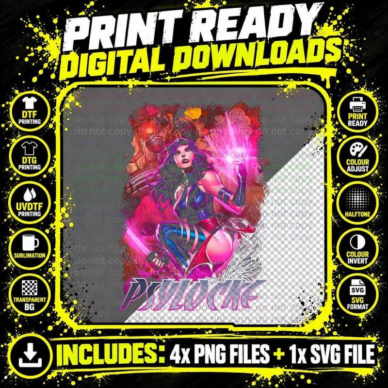 Psylocke Comic Art T-Shirt, Purple Suit Energy Blade Png SVG Digital Bundle