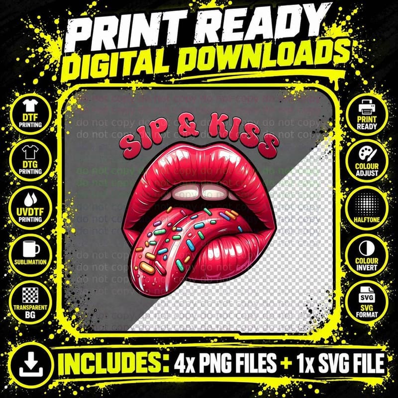Sip and Kiss Tee, Red Lips Sprinkle Tongue Png SVG Digital Bundle