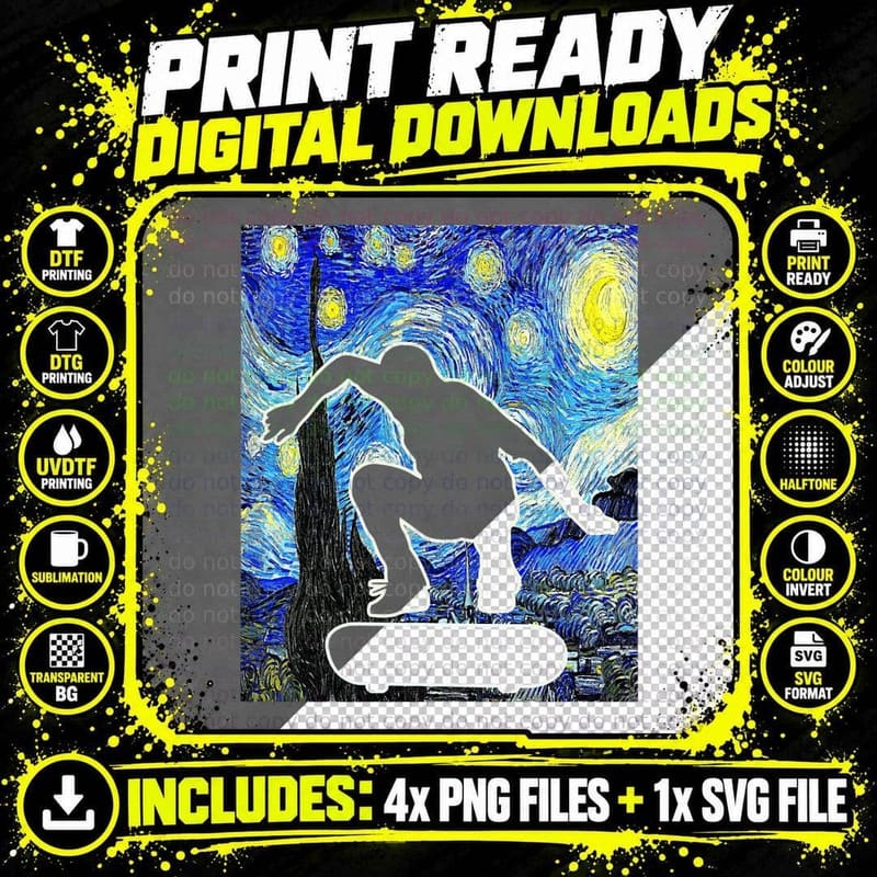 Skateboarding Starry Night T-Shirt Png SVG Digital Bundle