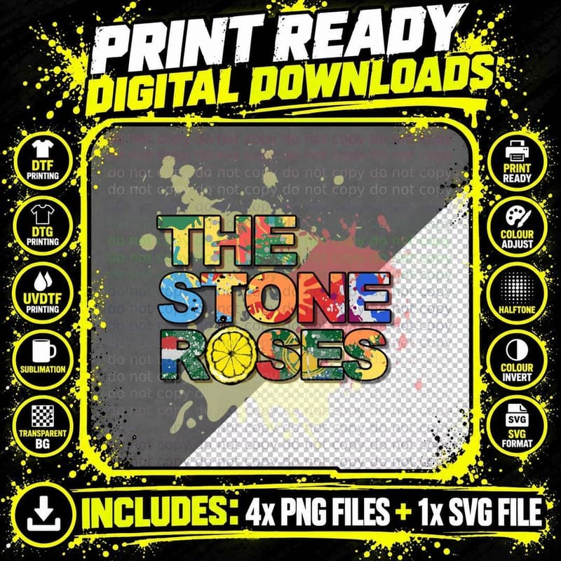 Stone Roses Colourful Paint Splatter Png SVG Digital Bundle