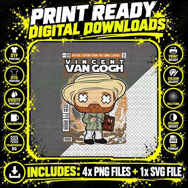 Van Gogh Comic Cover T-Shirt, Chibi Artist with Palette Png SVG Digital Bundle