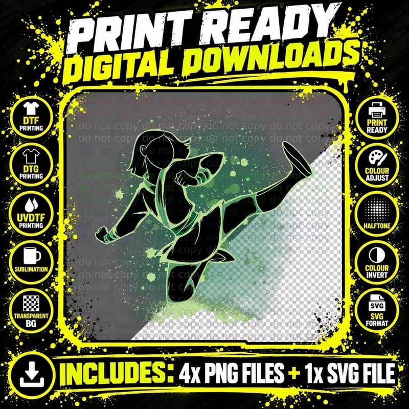 Warrior Princess Silhouette Kicking, Green Ink Splash Png SVG Digital Bundle