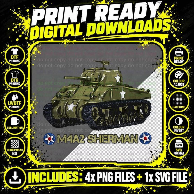World War 2 American Tank M4a2 Sherman Memorabilia Gift Png SVG Digital Bundle