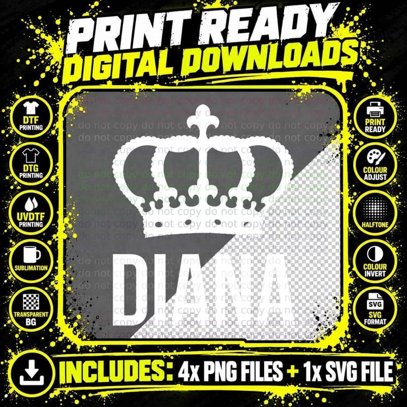 Diana Name T-Shirt, Queen Princess Crown Design, Fashion Png SVG Digital Bundle