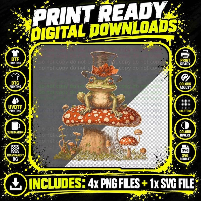 Frog in Top Hat on Toadstool T-Shirt Cute Cottagecore Png SVG Digital Bundle