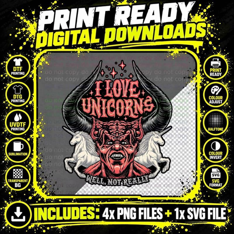 I Love Unicorns T-Shirt, Dark Fantasy Tee Png SVG Digital Bundle