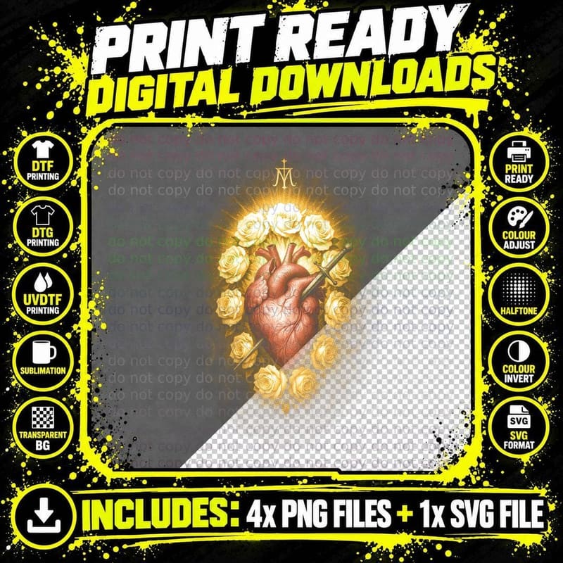 Immaculate Heart Radiance T-Shirt, Sacred Heart Print Png SVG Digital Bundle