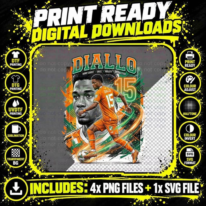 Ivory Coast Footballer Diallo T-Shirt, Sports Fan Style Png SVG Digital Bundle