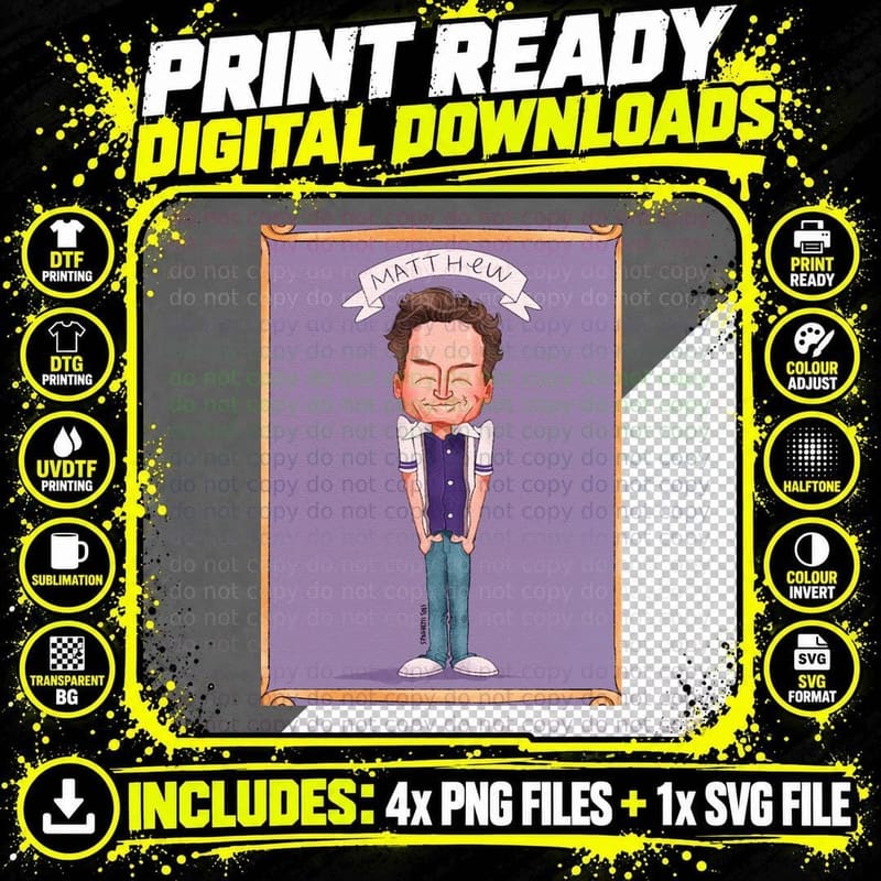 Matthew Perry Caricature T-Shirt, Celebrity Style Png SVG Digital Bundle