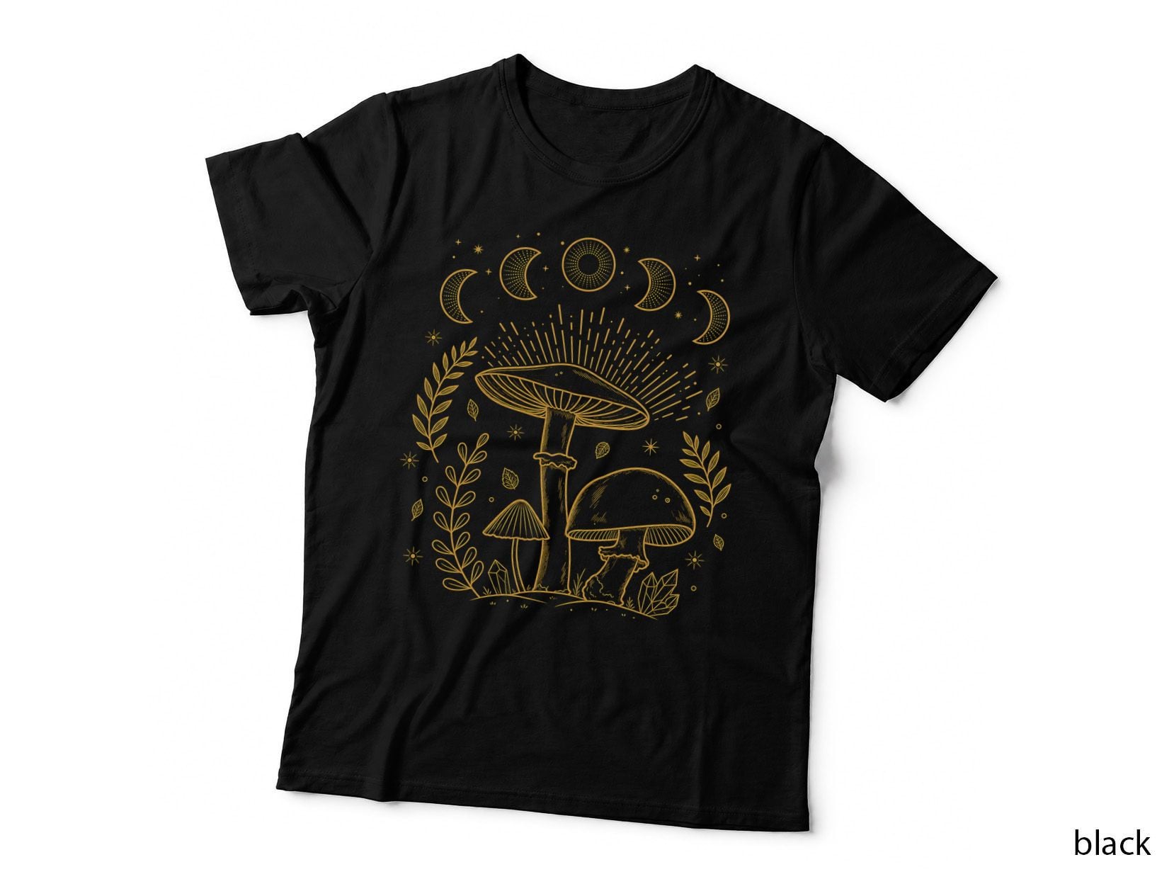 Mushrooms Moon Phases Gold T-Shirt Cottagecore Celestial Goblincore Gift Tee