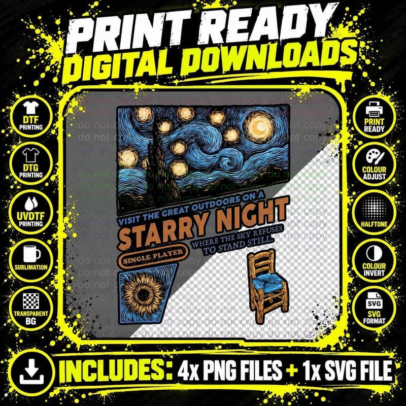 Starry Night T-Shirt, Van Gogh Inspired Tee Png SVG Digital Bundle
