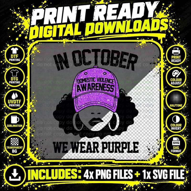 Black Girls in October We Wear Purple Domestic Violence Png SVG Digital Bundle