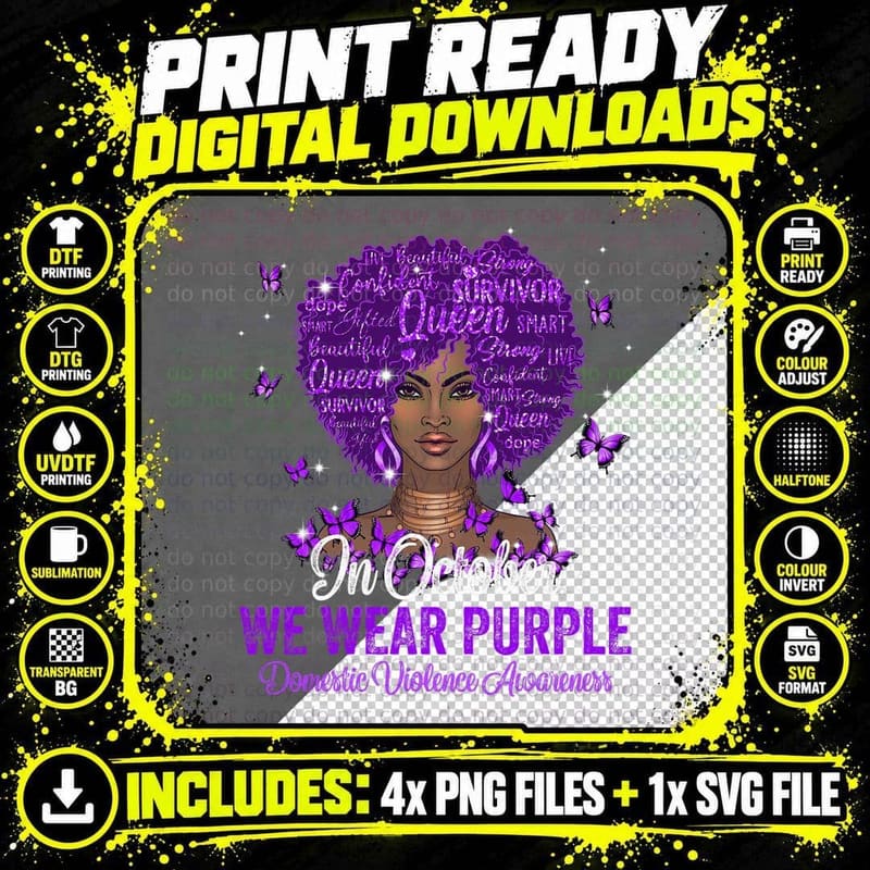 Black Woman Afro in October We Wear Purple Domestic Png SVG Digital Bundle