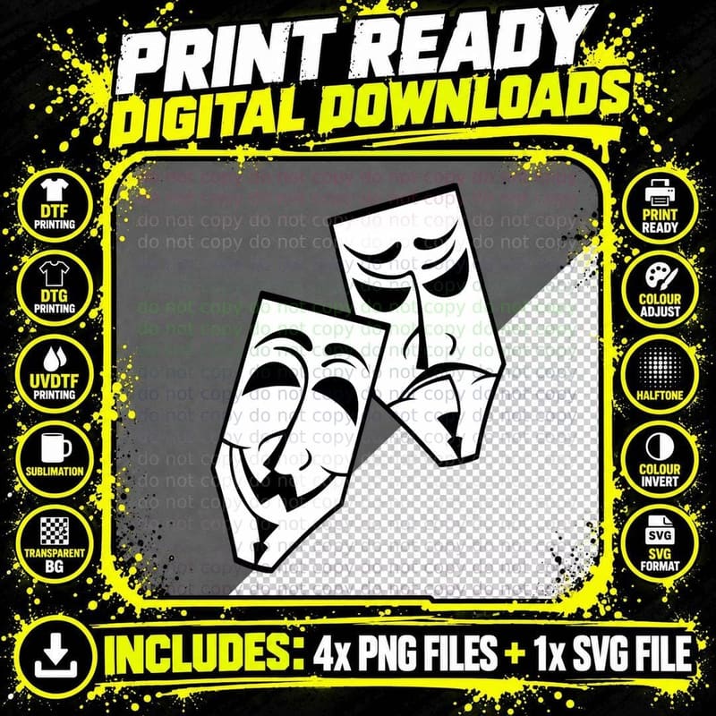 Drama Theater Masks Comedy and Tragedy T-Shirt Png SVG Digital Bundle