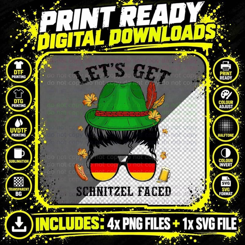 Let's Get Schnitzel Faced Messy Bun Oktoberfest German Png SVG Digital Bundle