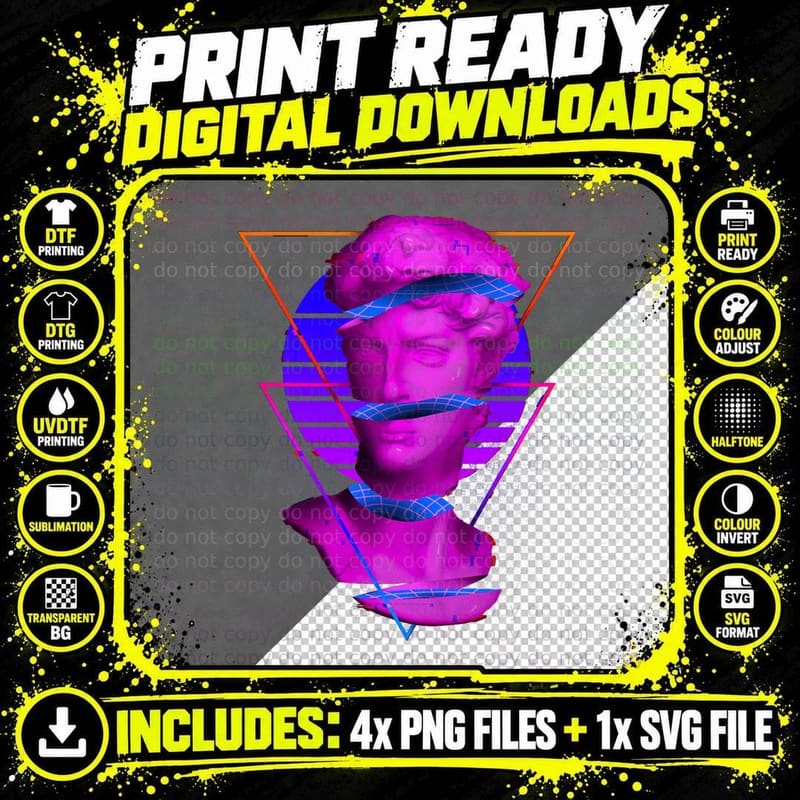 Vaporwave David Greek Sculpture Statue Sculptor Png SVG Digital Bundle