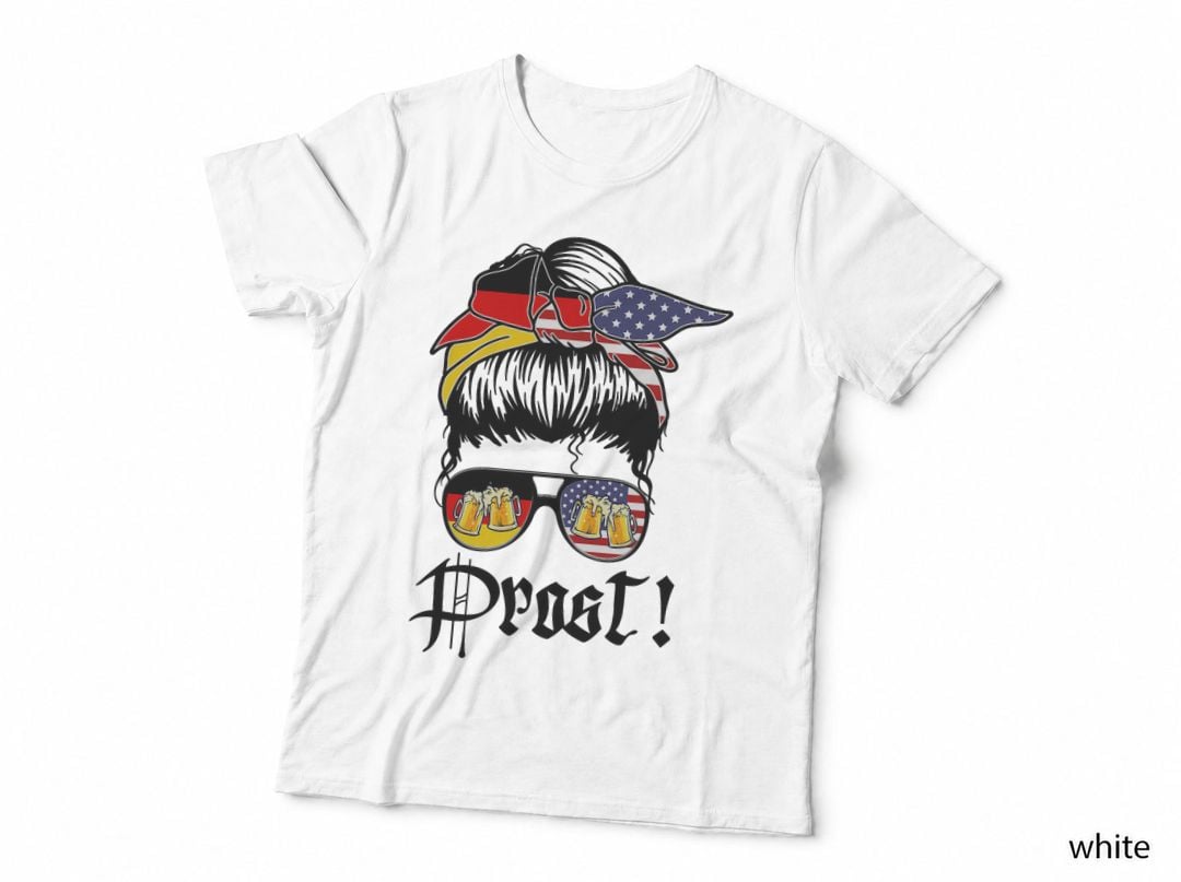 Women Prost Oktoberfest Germany Schnitzel Faced Messy Bun T-Shirt