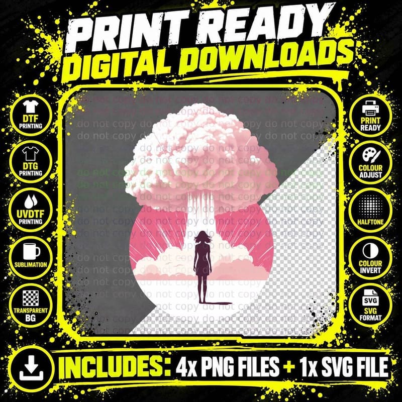 Atomic Cloud Explosion T-Shirt, Futuristic Art Print Png SVG Digital Bundle