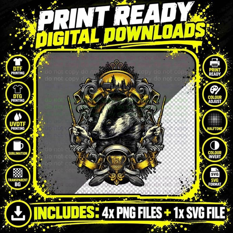 Badger Crest T-Shirt, Wizard Academy Style Png SVG Digital Bundle