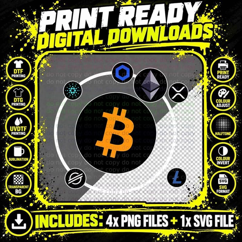 Bitcoin, Ether, XRP, Cardano, Litecoin Png SVG Digital Bundle