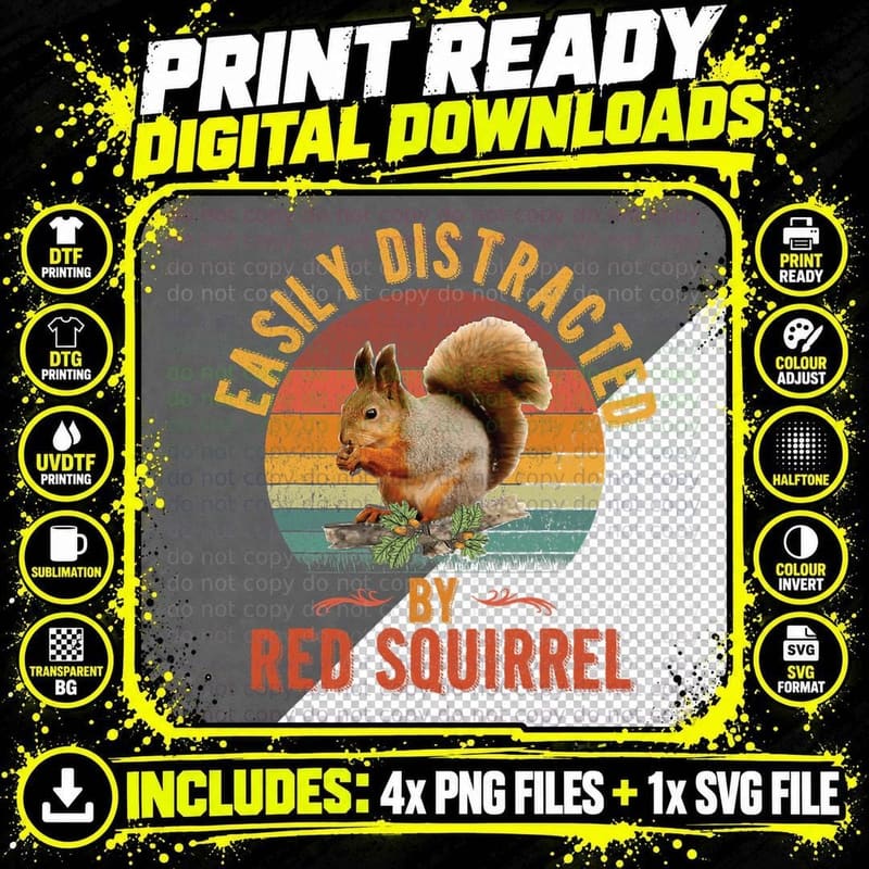 Easily Distracted by Red Squirrel T-Shirt Png SVG Digital Bundle