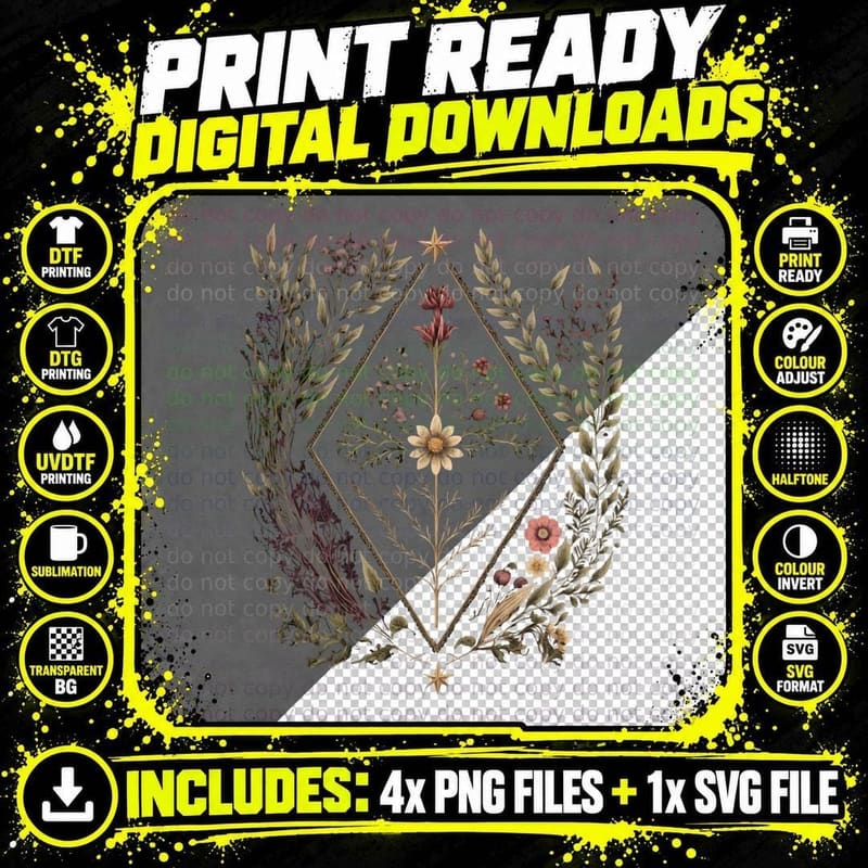 Sacred Geometry Wicca Wildflowers T-Shirt Png SVG Digital Bundle