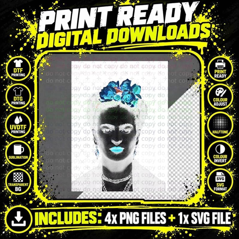 Black and White Frida Kahlo T-Shirt Png SVG Digital Bundle