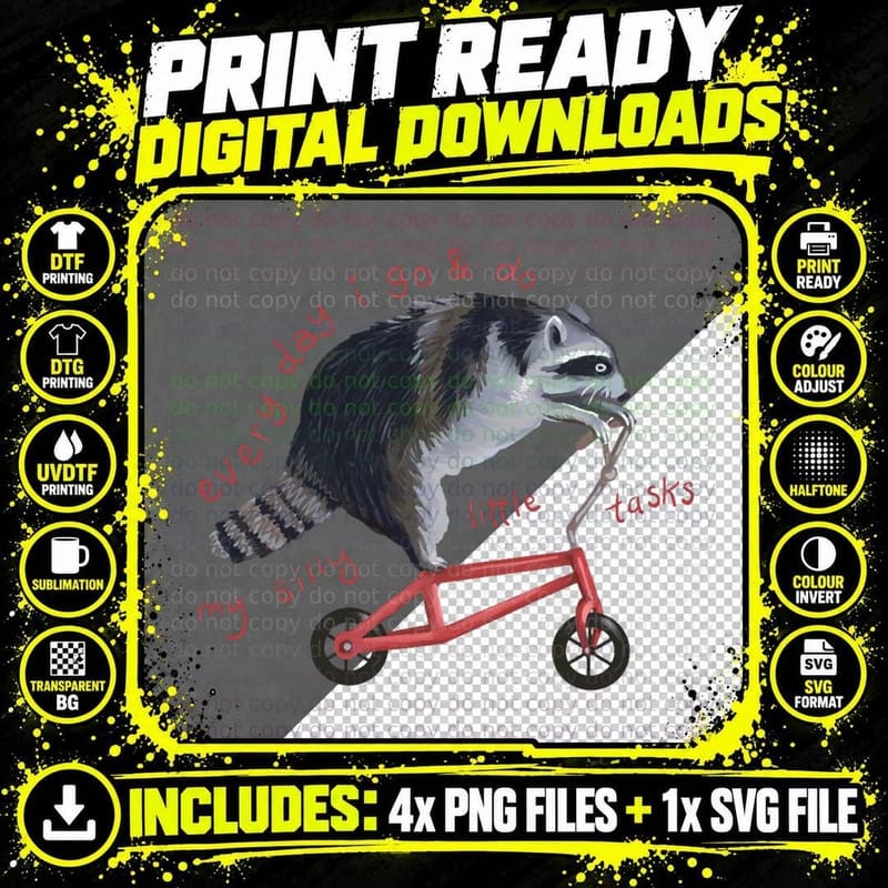 Raccoon on Bicycle T-Shirt Png SVG Digital Bundle