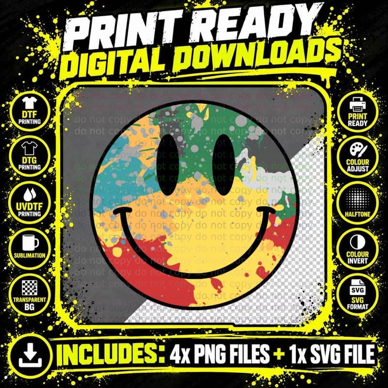 Stone Roses Style Acid House Smiley Face T-Shirt Png SVG Digital Bundle