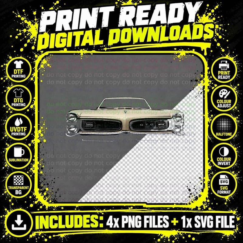 1966 Pontiac GTO - High Contrast - Black Background Png SVG Digital Bundle