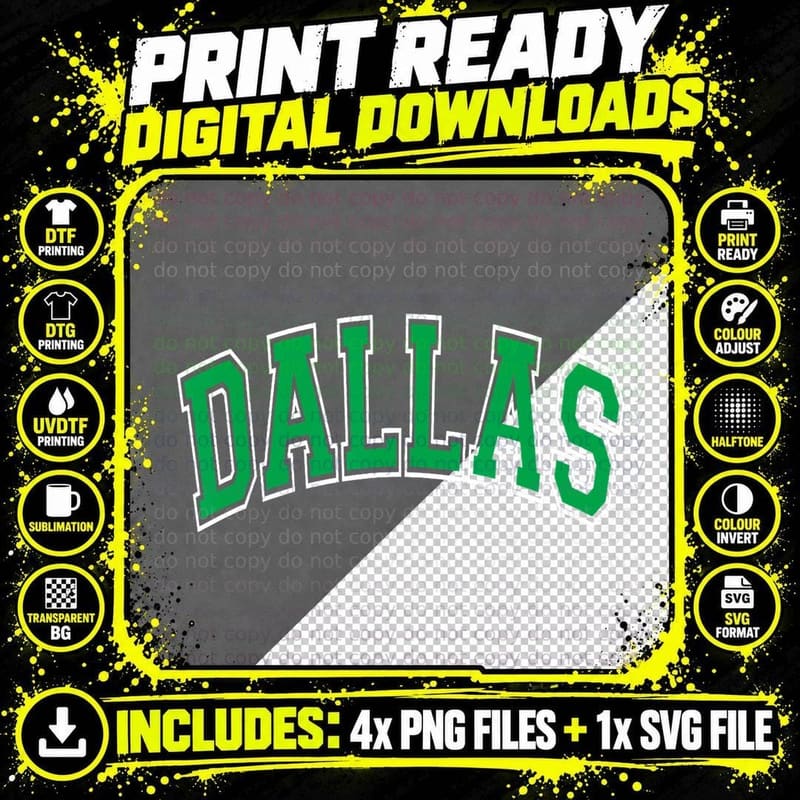 Dallas Varsity Style Green Text with White Outline Png SVG Digital Bundle