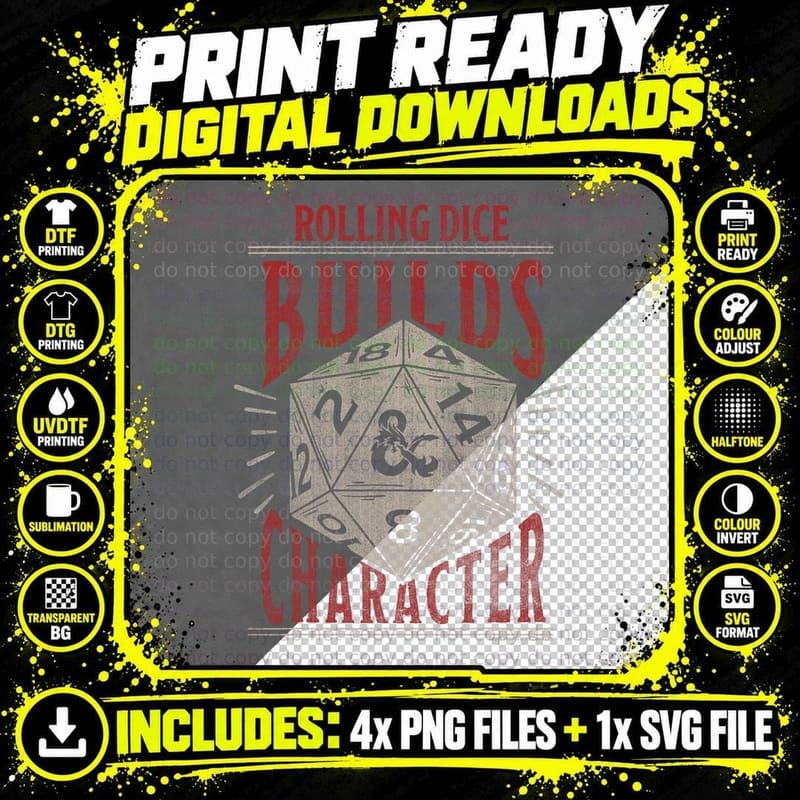 Dungeons & Dragons Rolling Dice Builds Character Short Png SVG Digital Bundle
