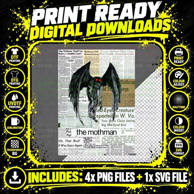 Mothman Newspaper Articles T-Shirt Png SVG Digital Bundle