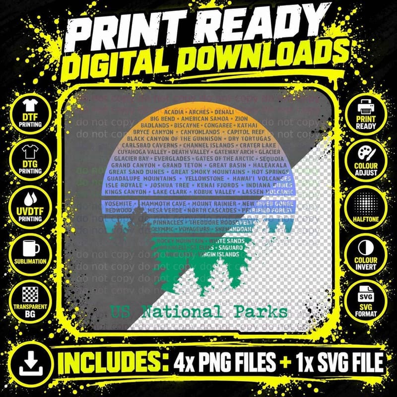 National Parks List Word Cloud Sunset Trees Men Women Png SVG Digital Bundle