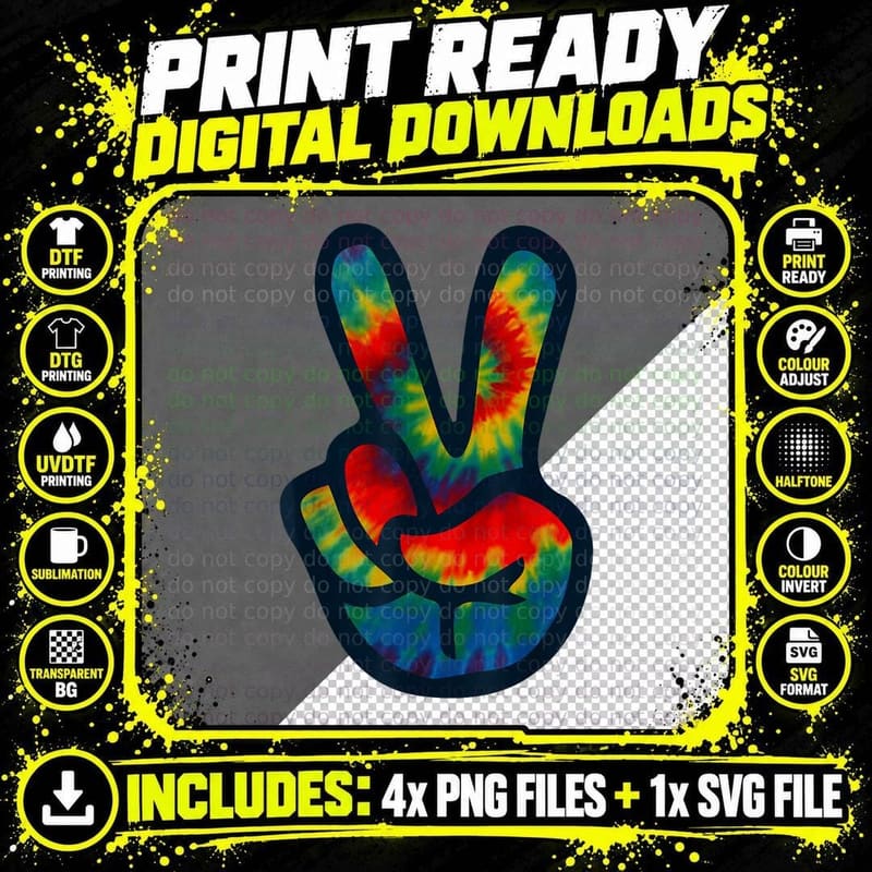 Tie Dye Peace Sign Hand T-Shirt Hippies V Shirts T-Shirt Png SVG Digital Bundle