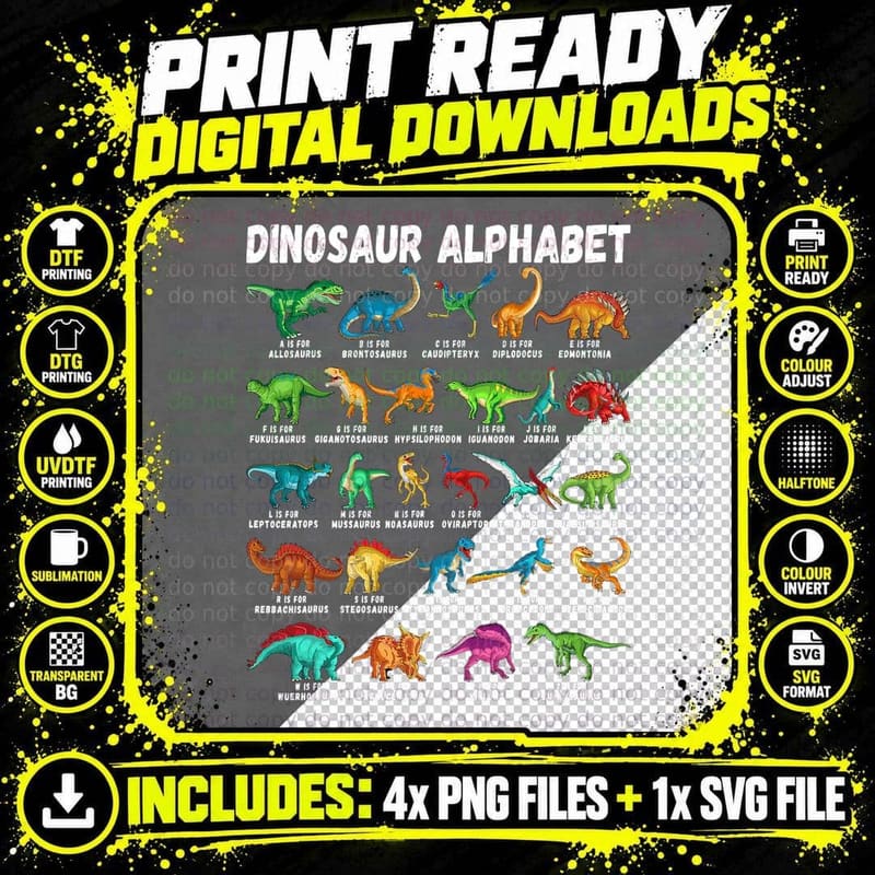 Types of Dinosaurs Alphabet A-Z ABC Dino Identification Png SVG Digital Bundle