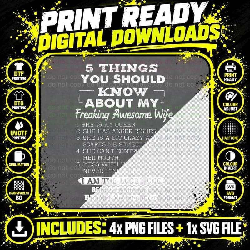 5 Things You Should Know About My Freaking Awesome Wife Png SVG Digital Bundle