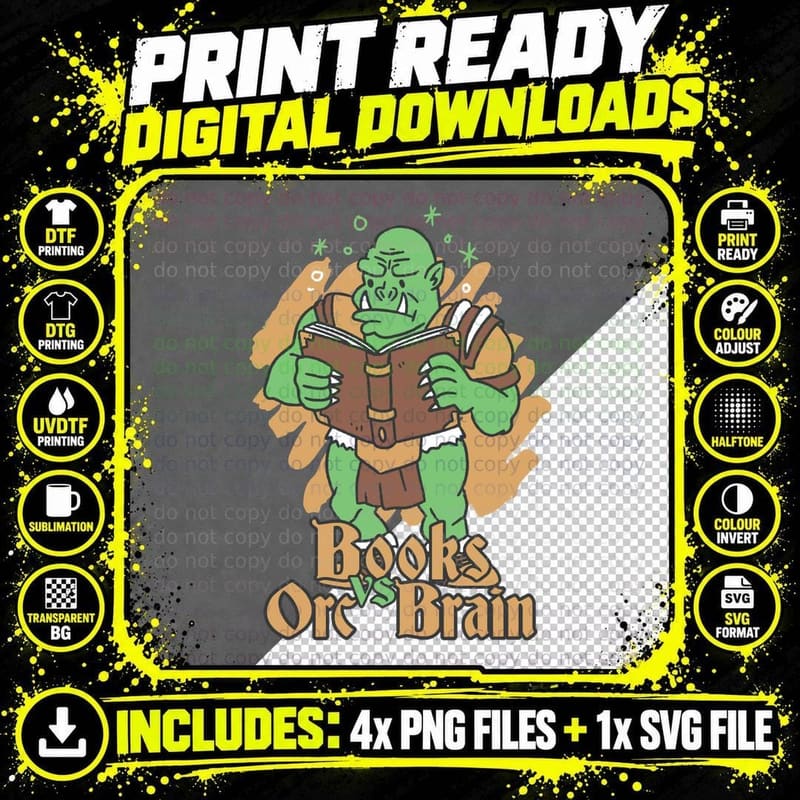 Books vs Orc Brain - Orc's Magical Dilemma. for DM and Png SVG Digital Bundle